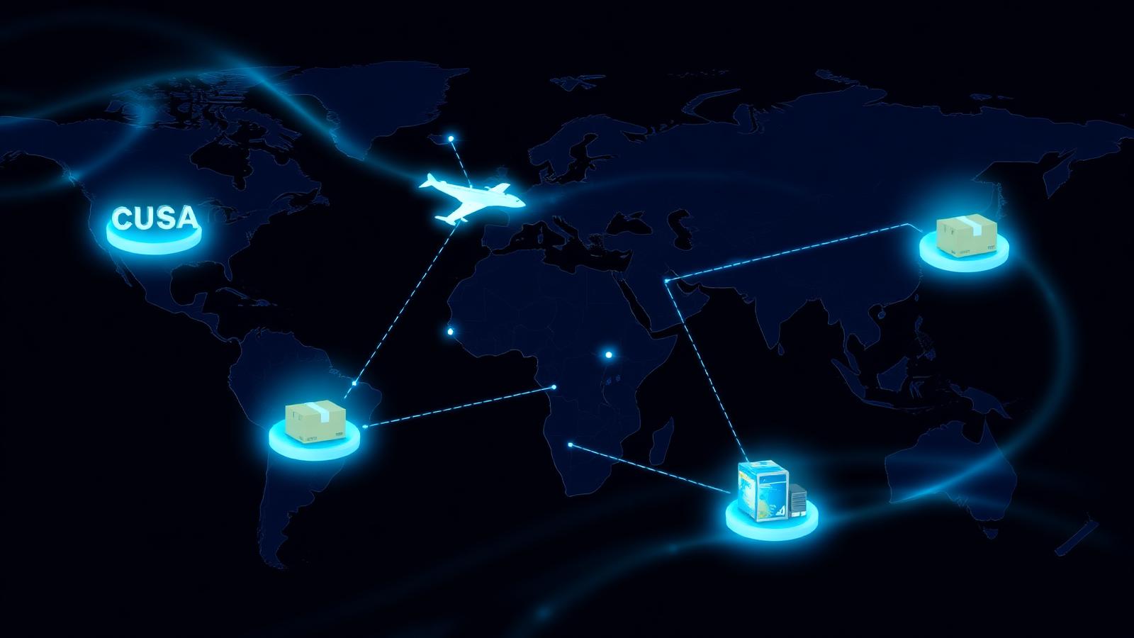 Mapa-múndi com rotas de envio internacional